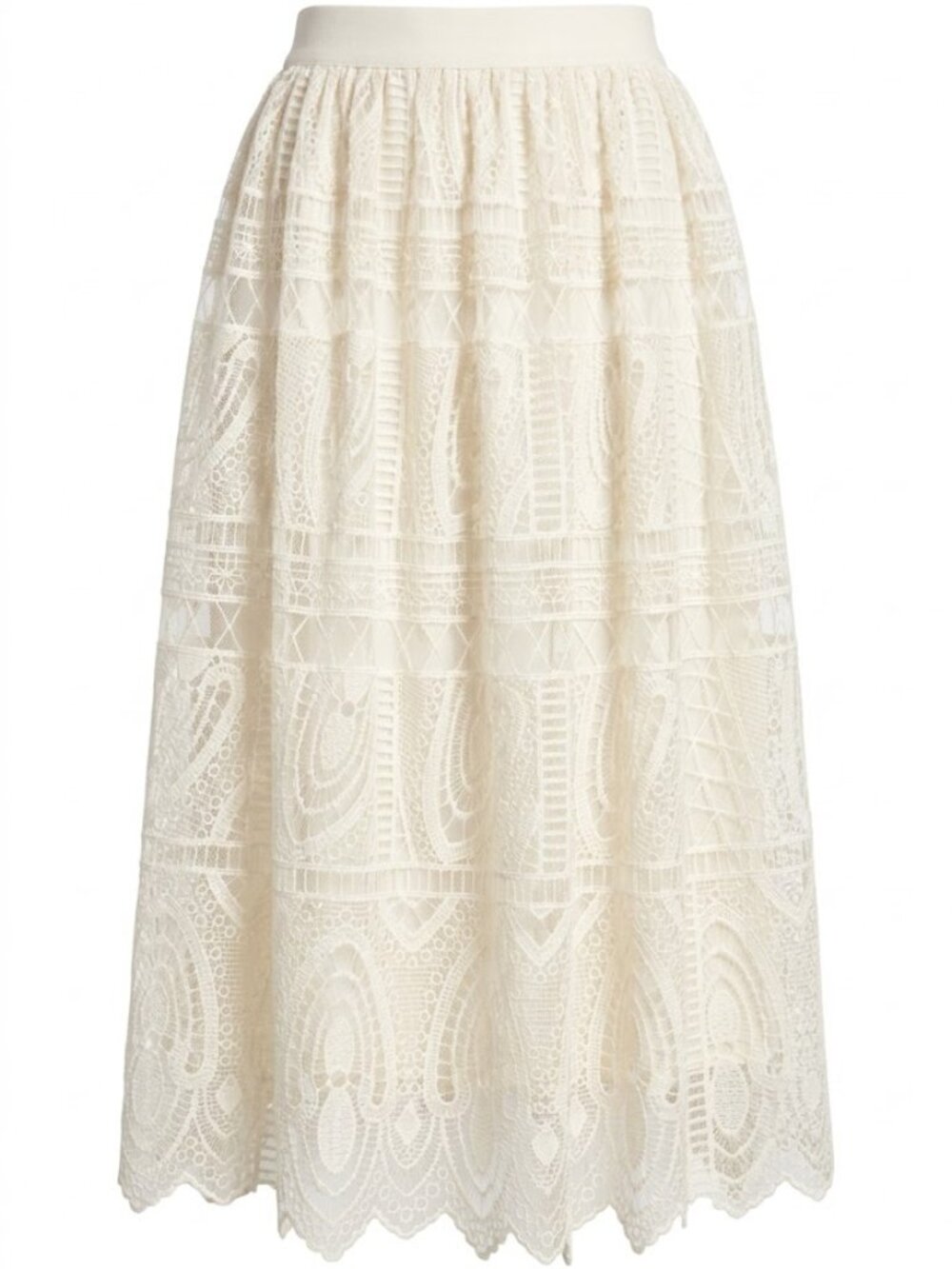 Cream Crochet Lace Midi Skirt S Small Boho Wedding Guest Coastal Granny Scallop